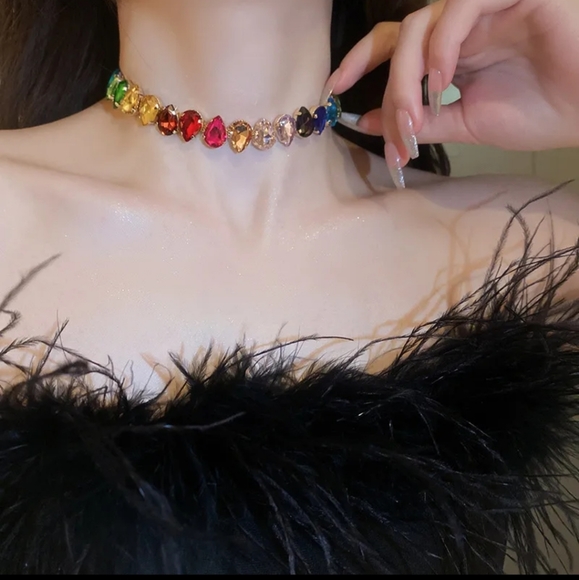 RAINBOW GLASS choker necklace Big stones colorful gold tear drop New gift - Picture 8 of 15